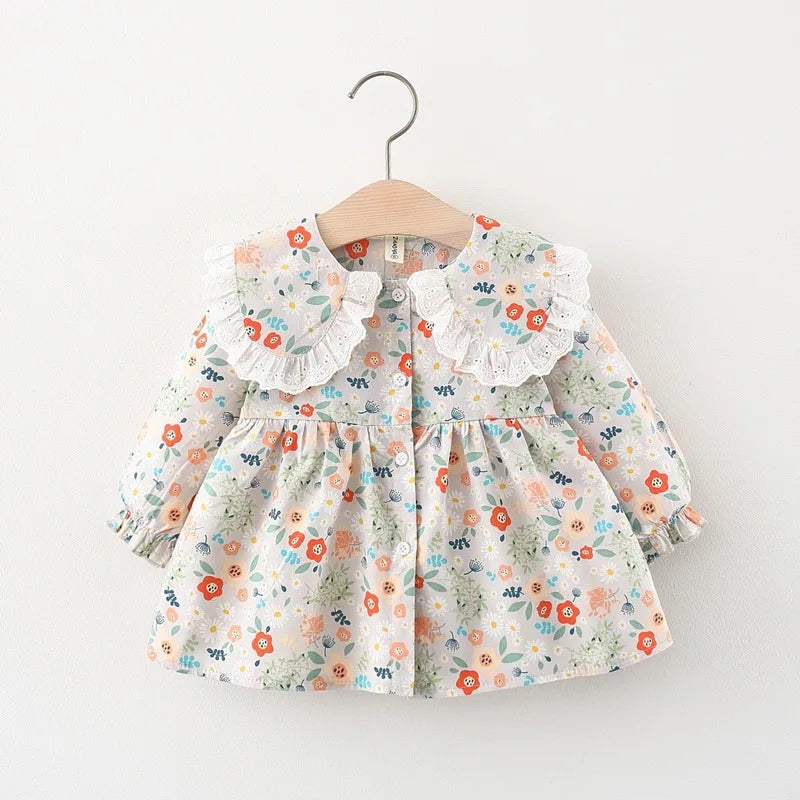 Spring newborn baby girl clothes floral long-sleeved dress for girls baby clothing 1 year birthday princess dress + lace shawl
