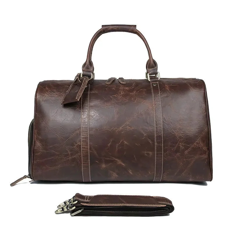 Premium Cowhide Leather Large Capacity Travel Tote Bags Gym Genuine Leather Duffel Bags With Shoe Compartment