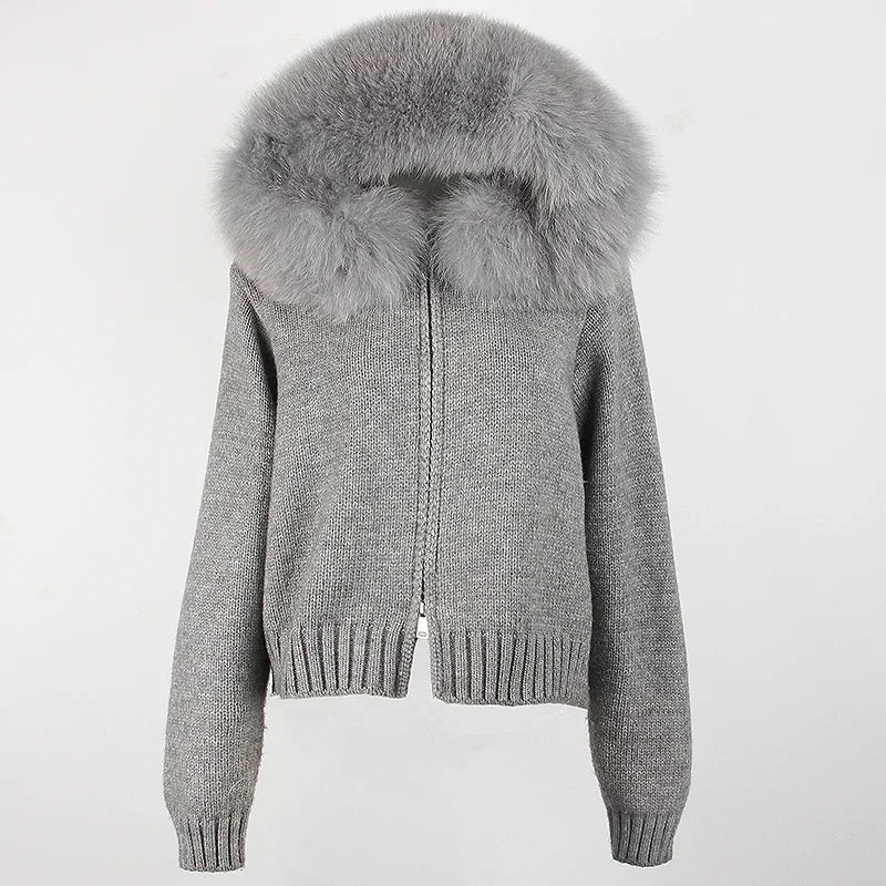 OFTBUY Real Mongolian Fur Knitwear Coat Women Cardigan Natural Fox Fur Coat Female Spring Autumn Hooded Knitted Fur Jacket