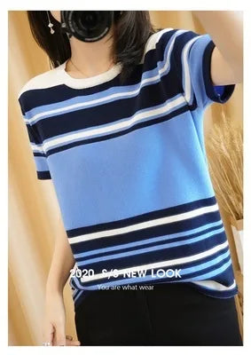 WinvyNee Spring Summer Short Sleeved Top Women's Kntting Cotton Round O Neck T-Shirt Striped Tops Casual Women Clothing A1002019