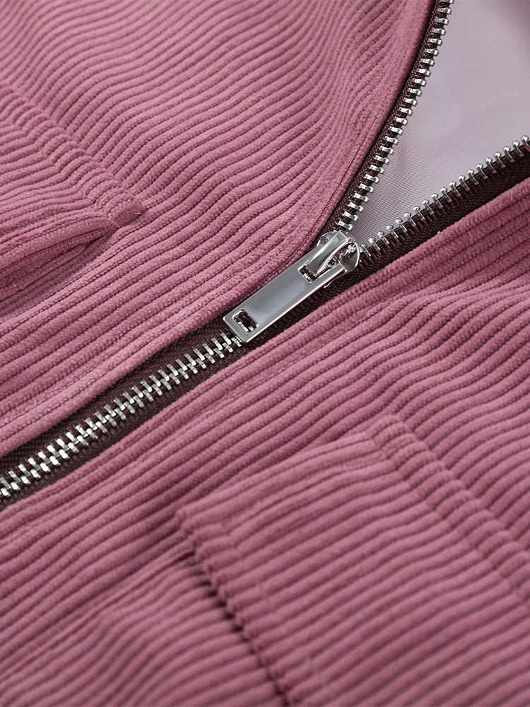 Fashion Corduroy Long Sleeve Zipper Jacket For Women PU Leather Collar Pockets Coat 2026 Spring New Lady Street Chic Outerwear