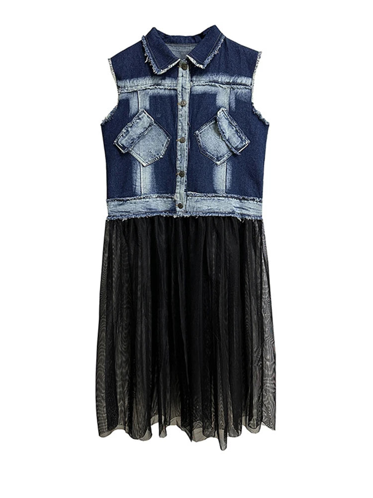 EAM Women Blue Denim Burr Mesh Color-block Big Size Blouse New Lapel Sleeveless Shirt Fashion Tide Spring Autumn 2026 1DJ2069