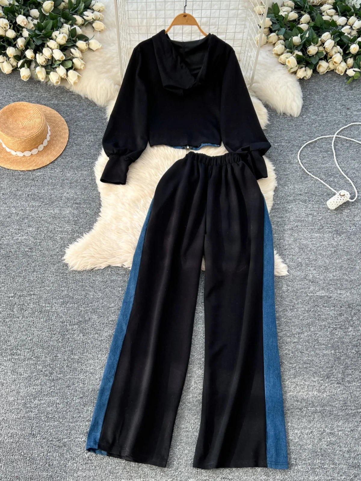 Neploe Spring Hong Kong Style Casual Set Coat Pullover Hoody Panelled High Waist Wid Leg Pants Denim Lace Up Moda Suit Trousers