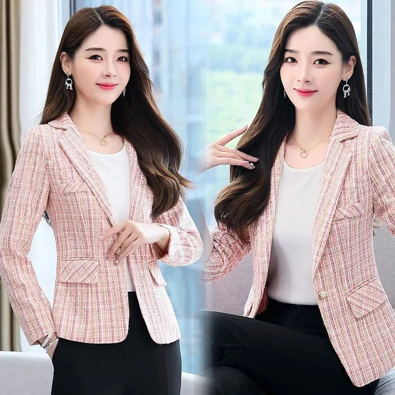 2025 Fashion Tweed Short Jacket Women's Plaid Blazers Coarse Woolen Coat Spring Autumn Casual Tops Slim Small Suit Jackets Lady