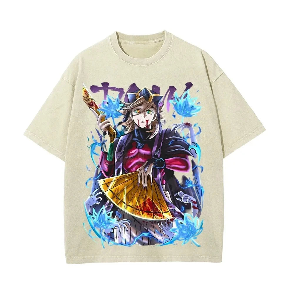 Demon Slayer Men's and Women's Washed T-Shirt Douma Summer and Spring New Anime Tee Retro Distressed Oversize Short Sleeve