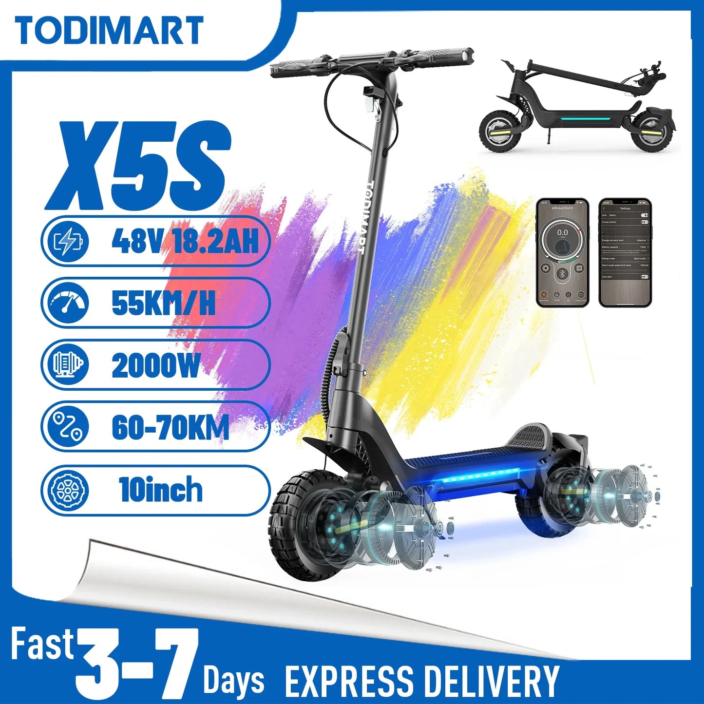 Electric scooters adult TODIMART X5S Endurance 60-85 km 48V 18.2Ah, 2000W,50 km/h foldable, double impact absorption