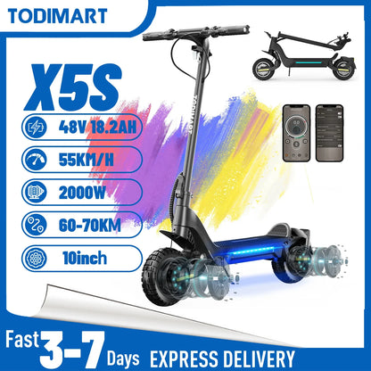 Electric scooters adult TODIMART X5S Endurance 60-85 km 48V 18.2Ah, 2000W,50 km/h foldable, double impact absorption