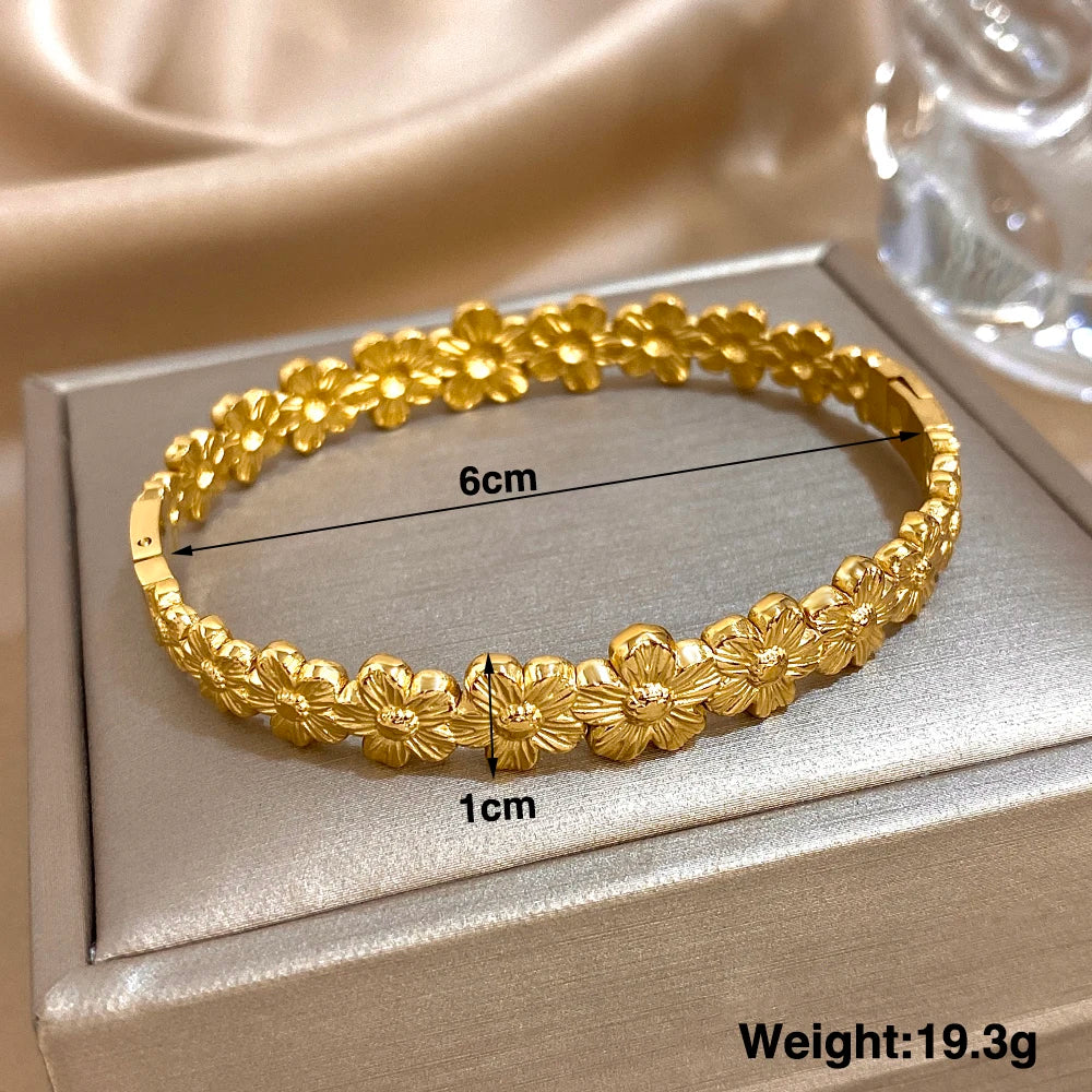 Full Circle Small Flower Stainless Steel Open Spring Bnagles Bracelet for Women Floral Cuff Bracelets Wristband Party Jewelry