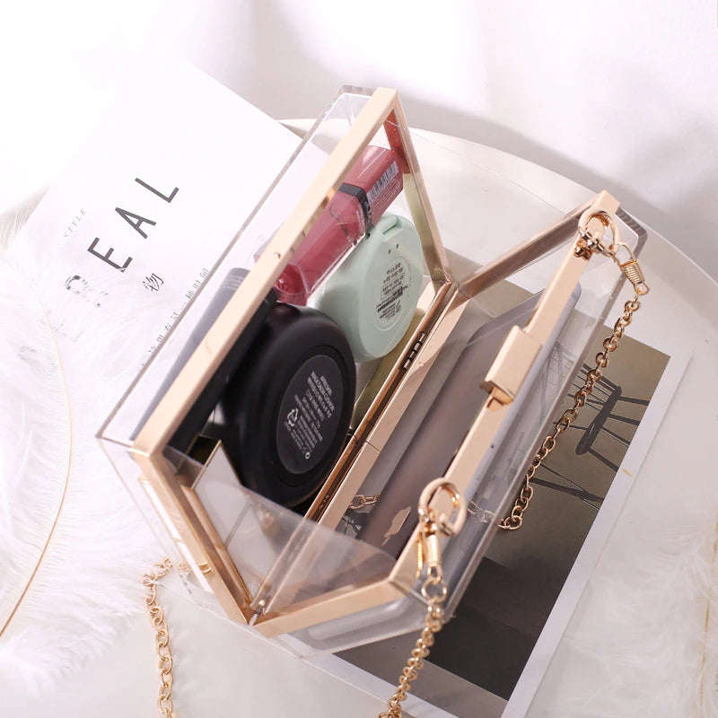 Fashion Clear Clutch Box Cute Acrylic Case Transparent Cross-body Bag Handbag Chain Shoulder Evening Bags