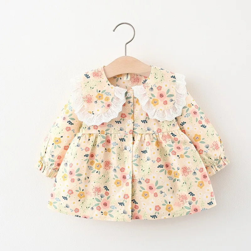 Spring newborn baby girl clothes floral long-sleeved dress for girls baby clothing 1 year birthday princess dress + lace shawl