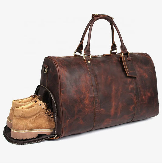 Premium Cowhide Leather Large Capacity Travel Tote Bags Gym Genuine Leather Duffel Bags With Shoe Compartment