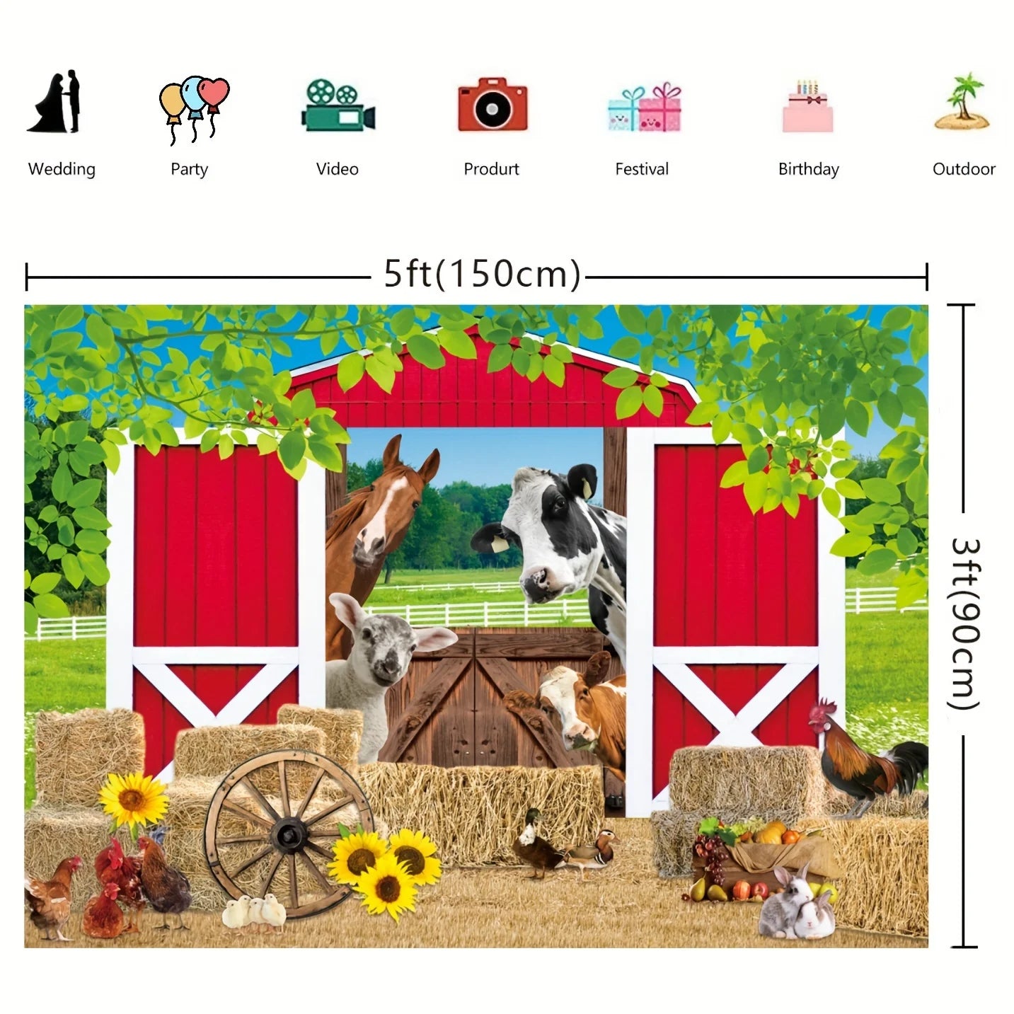 Holiday countryside style farmhouse background cloth - red barn, animal and spring grass scene