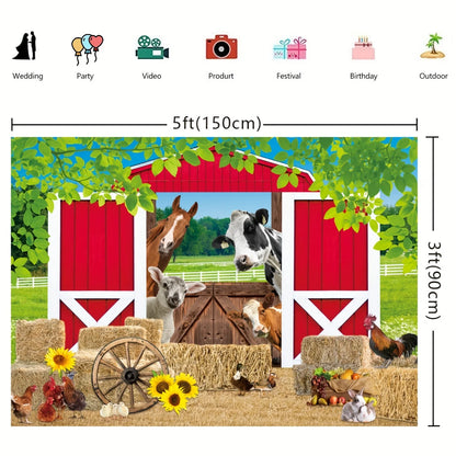 Holiday countryside style farmhouse background cloth - red barn, animal and spring grass scene