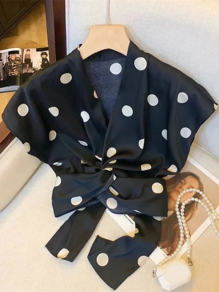 Sexy Cropped Dot Shirt Women Vintage Slim V Neck Short Sleeve Design Blouse French Retro Casual Bow Lace Up Summer Elegant Tops