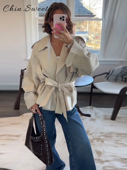 Fashion Lace Up Ruched Trench Coat Women Solid Loose Lapel Full Sleeve Jackets Female 2025 Spring Autumn Lady Commute Coats New