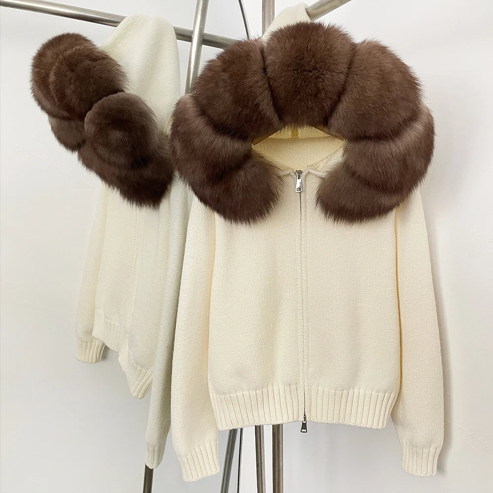 OFTBUY Real Mongolian Fur Knitwear Coat Women Cardigan Natural Fox Fur Coat Female Spring Autumn Hooded Knitted Fur Jacket