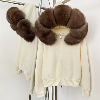 OFTBUY Real Mongolian Fur Knitwear Coat Women Cardigan Natural Fox Fur Coat Female Spring Autumn Hooded Knitted Fur Jacket