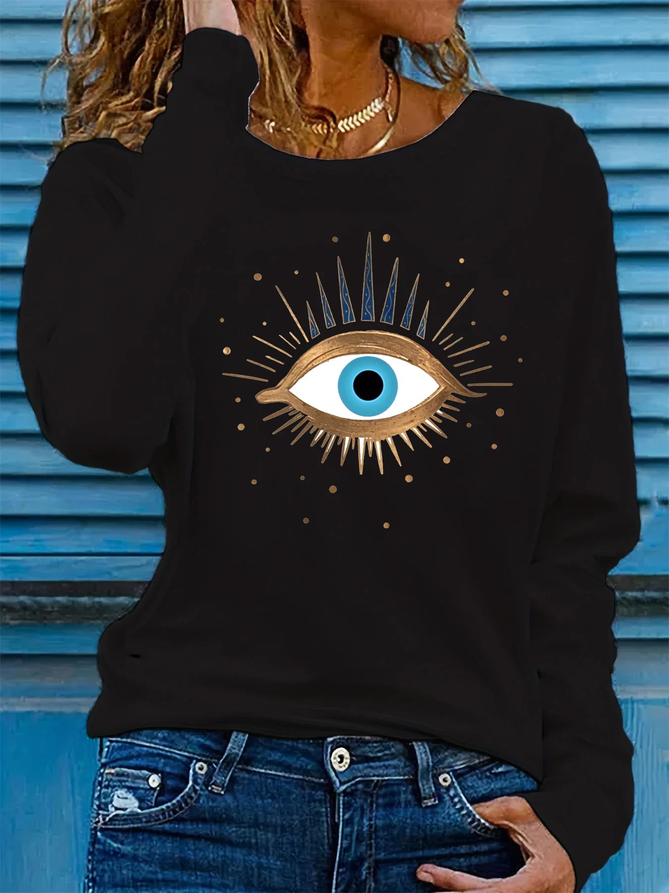 100% pure cotton women's spring and autumn loose comfortable eye pattern printed long sleeved round neck T-shirt