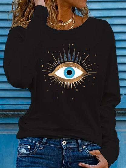 100% pure cotton women's spring and autumn loose comfortable eye pattern printed long sleeved round neck T-shirt