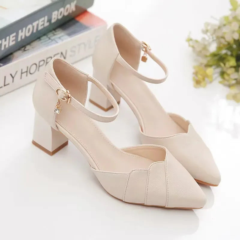 women classic high quality spring & summer buckle strap hollow out square heel shoes lady casual apricot office heels ca87