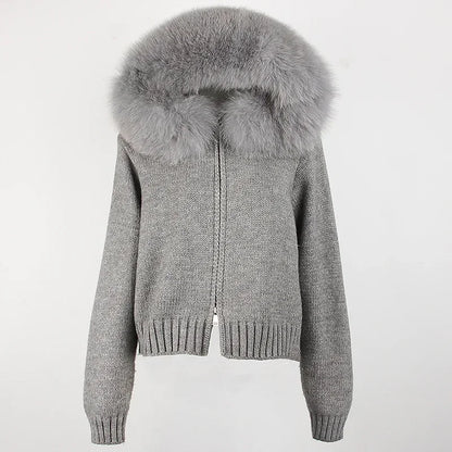 OFTBUY Real Mongolian Fur Knitwear Coat Women Cardigan Natural Fox Fur Coat Female Spring Autumn Hooded Knitted Fur Jacket