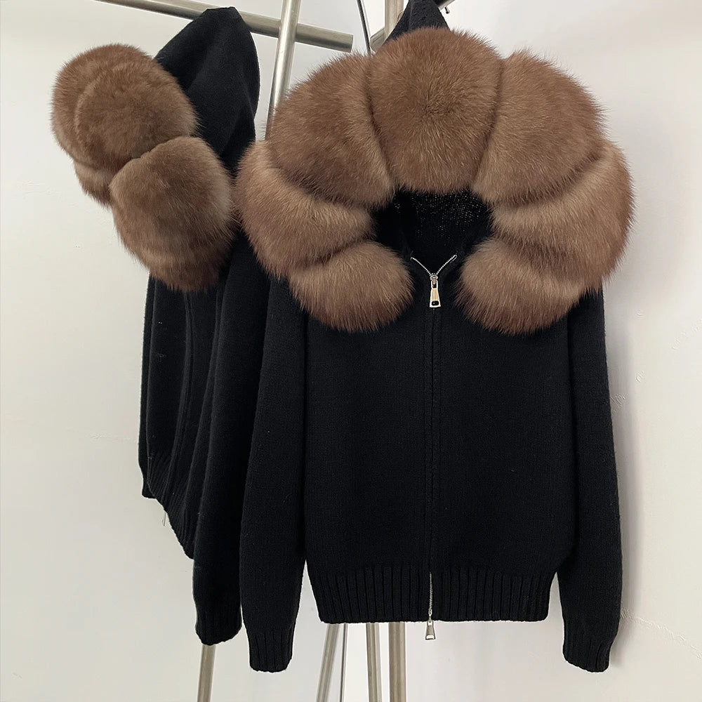 OFTBUY Real Mongolian Fur Knitwear Coat Women Cardigan Natural Fox Fur Coat Female Spring Autumn Hooded Knitted Fur Jacket