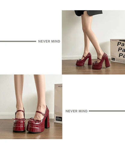 Comemore Platform Square High Heel Women's Mary Jane Shoes Fashion Butterfly-knot Shoes Spring Autumn Wedding Party Pumps Shoes
