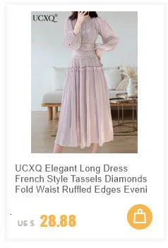UCXQ Korean Style 3D Flower Sequin Lace Strapless Dress Elegant Multi-color Mesh Long Dresses Women 2025 New Spring Summer A7877