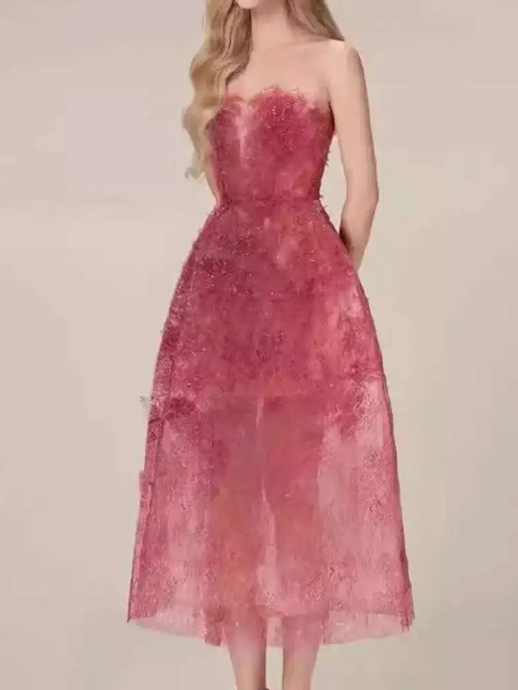 UCXQ Korean Style 3D Flower Sequin Lace Strapless Dress Elegant Multi-color Mesh Long Dresses Women 2025 New Spring Summer A7877
