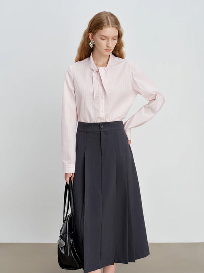 ZIQIAO Women's Pink Striped Cotton Shirt with Bunny Ear Tie Spring 2026 New Korean Style Long-Sleeved Top Age-reducing