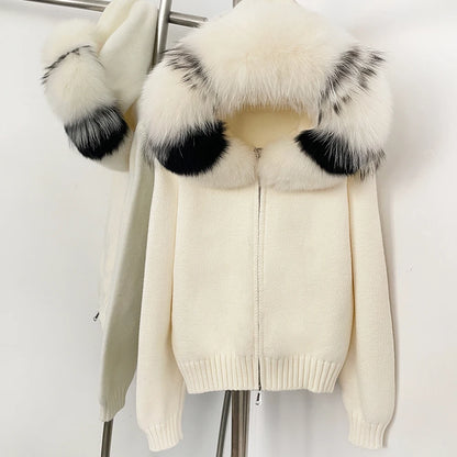 OFTBUY Real Mongolian Fur Knitwear Coat Women Cardigan Natural Fox Fur Coat Female Spring Autumn Hooded Knitted Fur Jacket