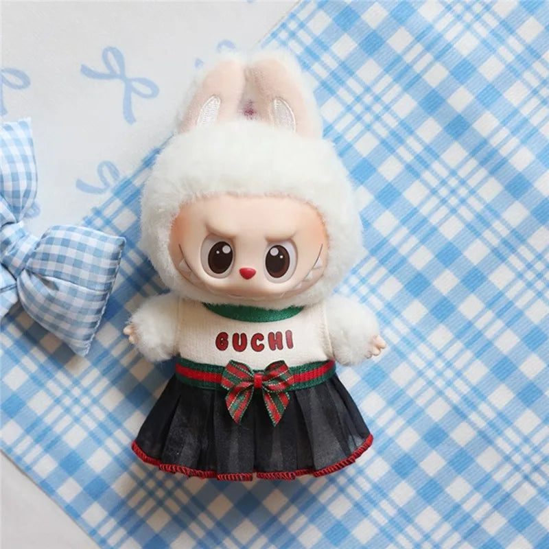 15 17cm For Labubu Doll Luxury Fashion Red Blue Stripe Dress Skirt Outfit Clothing Leather Shoes Set Ropa Clothes Accessories