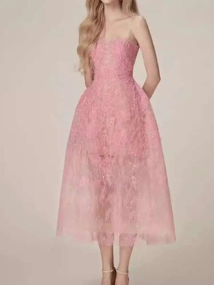 UCXQ Korean Style 3D Flower Sequin Lace Strapless Dress Elegant Multi-color Mesh Long Dresses Women 2025 New Spring Summer A7877