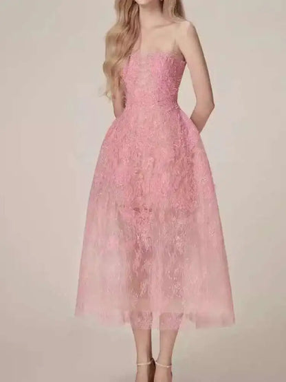 UCXQ Korean Style 3D Flower Sequin Lace Strapless Dress Elegant Multi-color Mesh Long Dresses Women 2025 New Spring Summer A7877