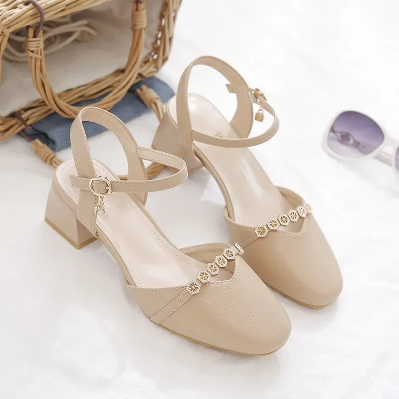 women classic high quality spring & summer buckle strap hollow out square heel shoes lady casual apricot office heels ca87