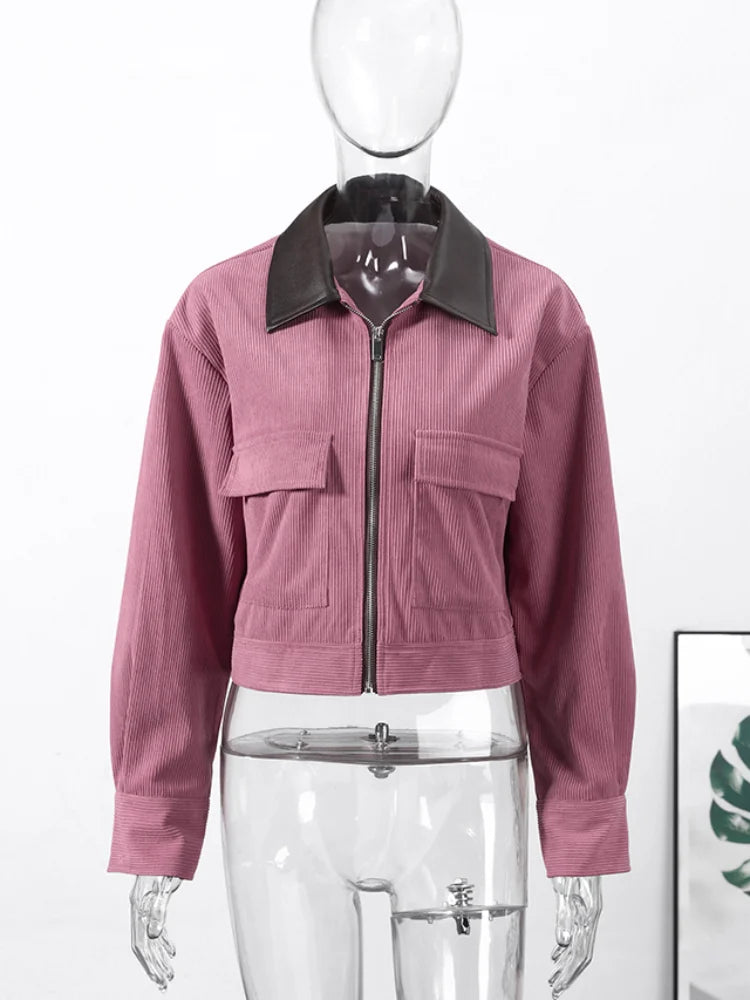 Fashion Corduroy Long Sleeve Zipper Jacket For Women PU Leather Collar Pockets Coat 2026 Spring New Lady Street Chic Outerwear