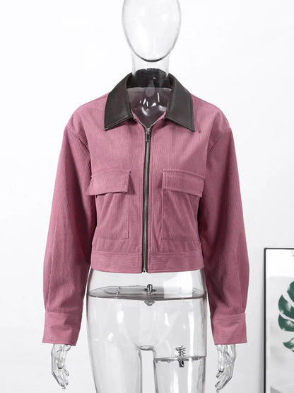 Fashion Corduroy Long Sleeve Zipper Jacket For Women PU Leather Collar Pockets Coat 2026 Spring New Lady Street Chic Outerwear