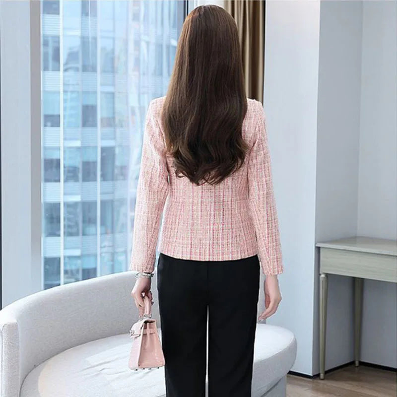 2025 Fashion Tweed Short Jacket Women's Plaid Blazers Coarse Woolen Coat Spring Autumn Casual Tops Slim Small Suit Jackets Lady