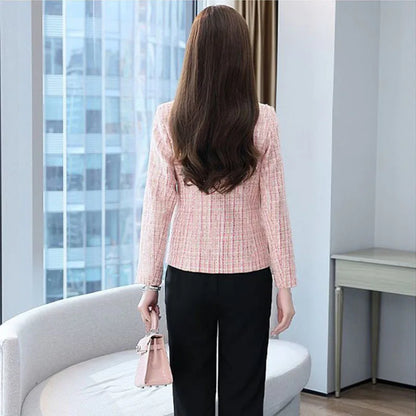2025 Fashion Tweed Short Jacket Women's Plaid Blazers Coarse Woolen Coat Spring Autumn Casual Tops Slim Small Suit Jackets Lady