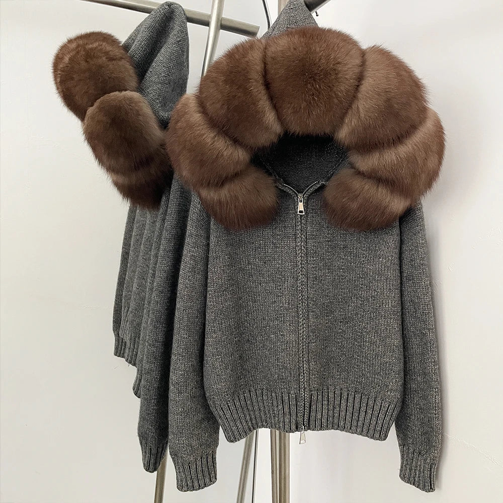OFTBUY Real Mongolian Fur Knitwear Coat Women Cardigan Natural Fox Fur Coat Female Spring Autumn Hooded Knitted Fur Jacket
