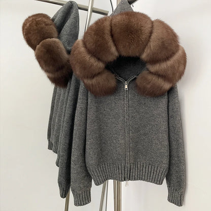 OFTBUY Real Mongolian Fur Knitwear Coat Women Cardigan Natural Fox Fur Coat Female Spring Autumn Hooded Knitted Fur Jacket