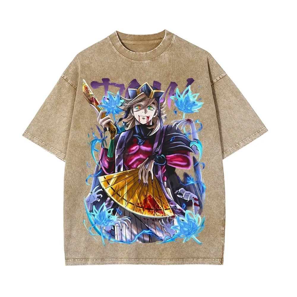 Demon Slayer Men's and Women's Washed T-Shirt Douma Summer and Spring New Anime Tee Retro Distressed Oversize Short Sleeve