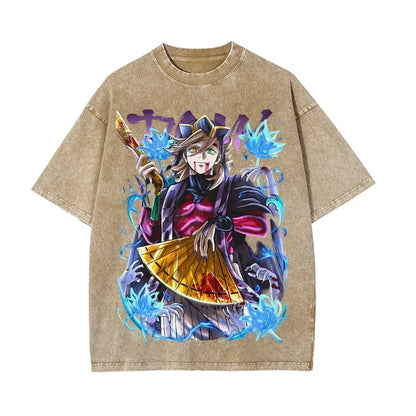 Demon Slayer Men's and Women's Washed T-Shirt Douma Summer and Spring New Anime Tee Retro Distressed Oversize Short Sleeve
