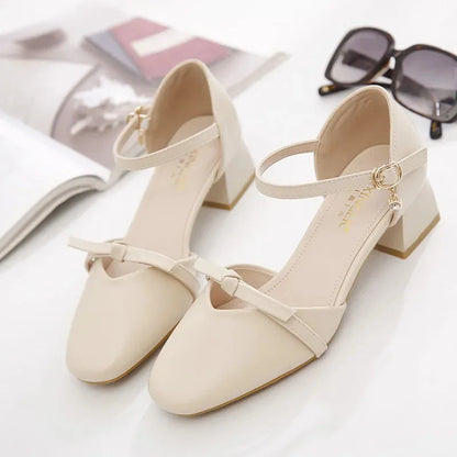 women classic high quality spring & summer buckle strap hollow out square heel shoes lady casual apricot office heels ca87