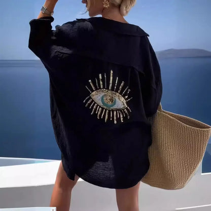 Casual Beach 3D Print Loose Shirts For Women 2024 Summer Fashion Long Sleeve Cotton Blouse Ladies Tops Elegant