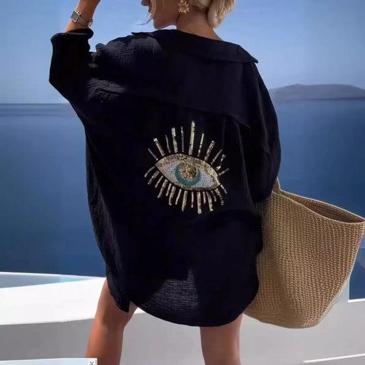 Casual Beach 3D Print Loose Shirts For Women 2024 Summer Fashion Long Sleeve Cotton Blouse Ladies Tops Elegant