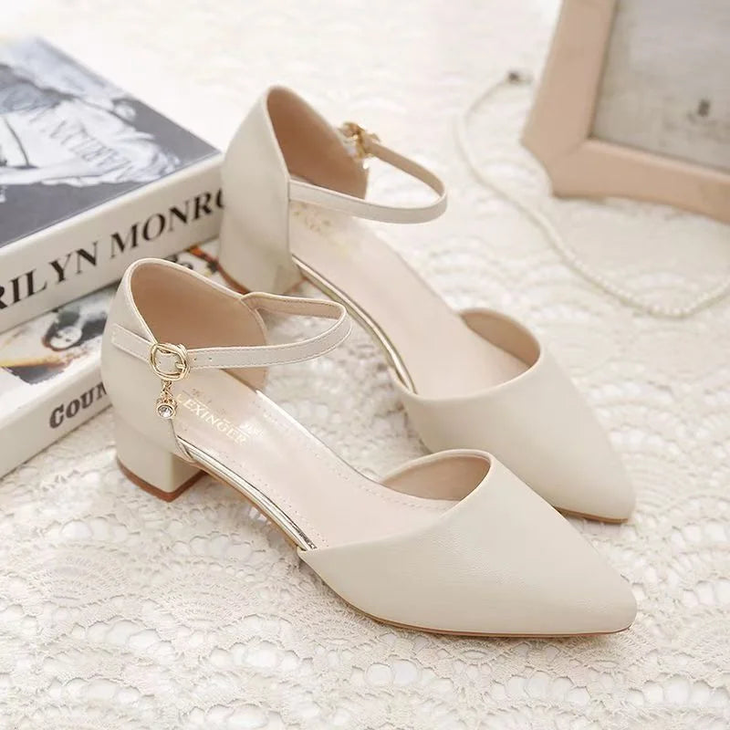 women classic high quality spring & summer buckle strap hollow out square heel shoes lady casual apricot office heels ca87