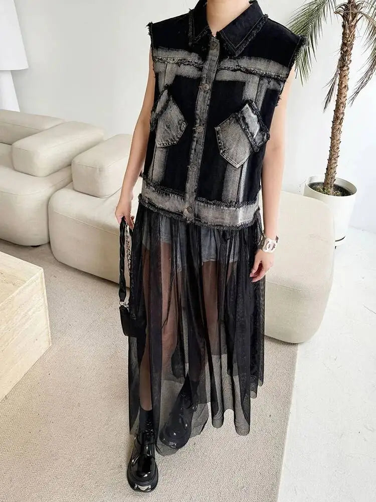 EAM Women Blue Denim Burr Mesh Color-block Big Size Blouse New Lapel Sleeveless Shirt Fashion Tide Spring Autumn 2026 1DJ2069