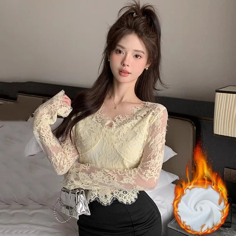 Bla Lace Floral Hollow out V-Ne Long Sve Women's Base irt Slim Fit Spring Autumn High Quali Sexy Top Korean Sle
