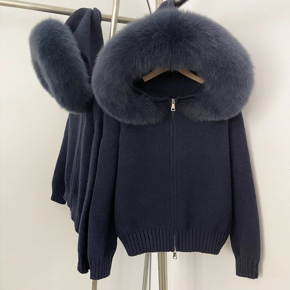 OFTBUY Real Mongolian Fur Knitwear Coat Women Cardigan Natural Fox Fur Coat Female Spring Autumn Hooded Knitted Fur Jacket